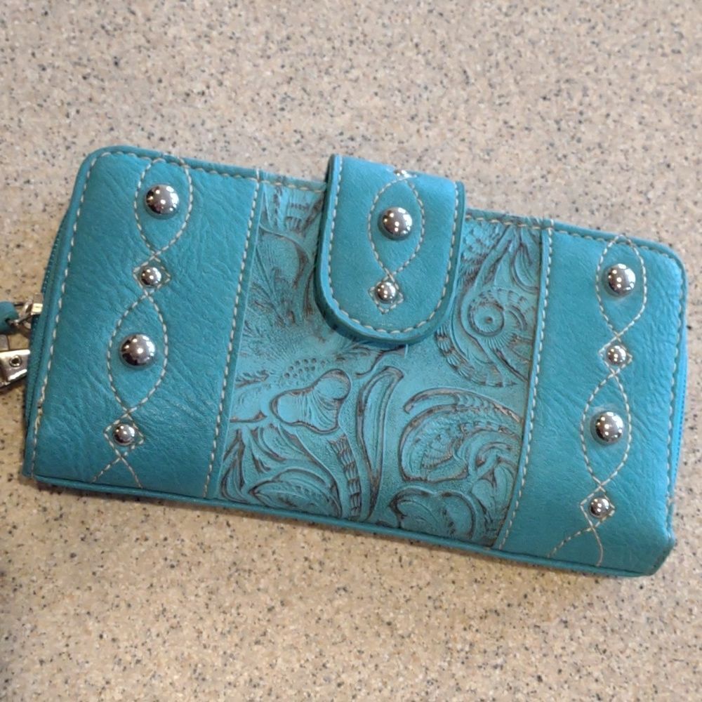 Western Turquoise Embossed Zippered Wallet Vegan